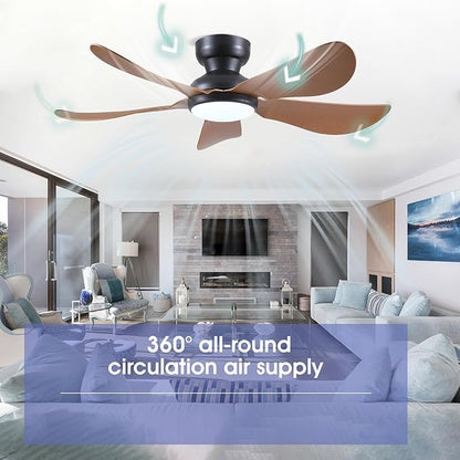 Kviflon 46 Inch Modern Ceiling Fans with Lights, Flush Mount Ceiling Fan, Remote/APP Control, 5 Reversible Curved Blades, 6 Speeds, 3 CCT Dimmable LED Lights for Bedroom Kids Room, Brown