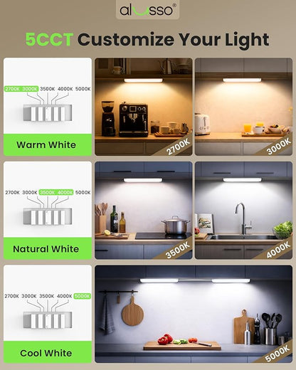 ALUSSO 12 Inch LED Under Cabinet Lighting Hardwired 120V, 5CCT Color Selectable 2700K-5000K Dimmable 6W 480LM High Brightness, CRI 90+ Strip Linkable Under Counter Lights for Kitchen Sink, 2 Pack