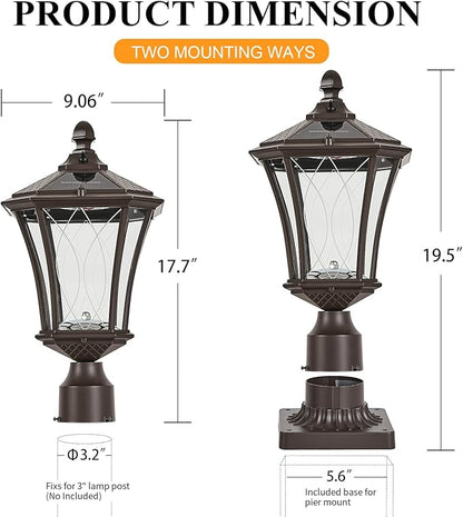 Dusk to Dawn Solar Outdoor Post Lights, Brown Outside Pillar Lights with Pier Mount Base, Waterproof Aluminum Solar Pole Lamps Head with Patterned Glass for Yard, Path, Garden