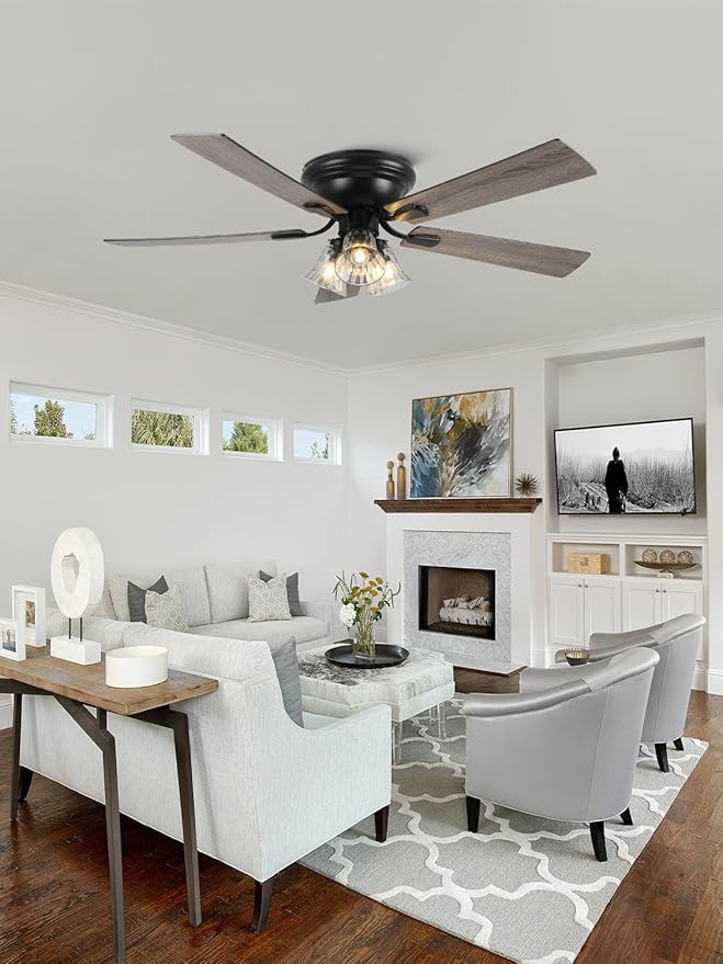 52 Inch Vintage Ceiling Fan with Lights Flush Mount Chandelier Ceiling Fan Indoor Farmhouse Rustic Chandelier Low Profile Antique Fandelier, 3 LED Light Bulbs Base, for Bedroom Living Room