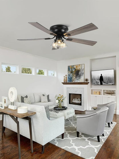 52 Inch Vintage Ceiling Fan with Lights Flush Mount Chandelier Ceiling Fan Indoor Farmhouse Rustic Chandelier Low Profile Antique Fandelier, 3 LED Light Bulbs Base, for Bedroom Living Room