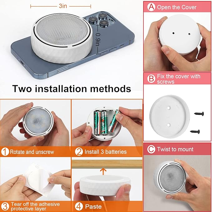 Onumii LED Puck Lights with Remote Control, Battery Operated Under Cabinet Lighting, Wireless Stick-On Color Changing Timer Lights for Kitchen Cabinets, Closets, Shelves - 2 Pack, White