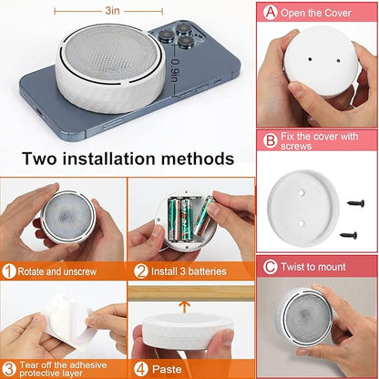 Onumii LED Puck Lights with Remote Control, Battery Operated Under Cabinet Lighting, Wireless Stick-On Color Changing Timer Lights for Kitchen Cabinets, Closets, Shelves - 2 Pack, White