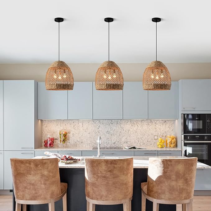 13.8" Farmhouse Woven Chandelier Rattan Wicker Lighting for Dining Room Boho Light Fixture Hanging 3-Lights Brown Pendant Light Kitchen Island for Restaurant Bedroom Breakfast Entryway Bar