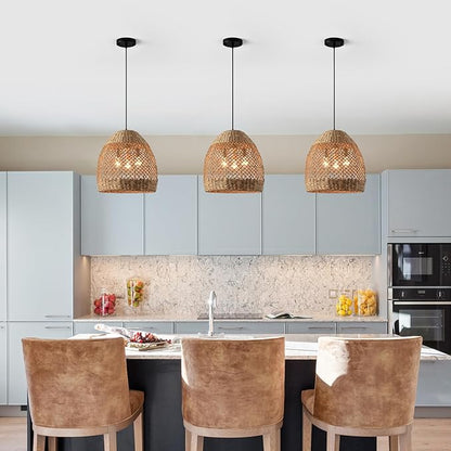 13.8" Farmhouse Woven Chandelier Rattan Wicker Lighting for Dining Room Boho Light Fixture Hanging 3-Lights Brown Pendant Light Kitchen Island for Restaurant Bedroom Breakfast Entryway Bar