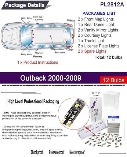LED Interior Light kit for Subaru Outback 2000-2009 Dome Light Bulbs Replacement Package, 6000K Xenon White LED Lights Accessories Upgrade (12 Bulbs)