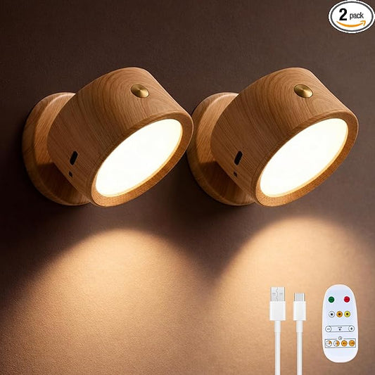 Horta USB Rechargeable Wall Light 2 Pack,360° Rotatable Magnetic Wall Light,Adjustable Wall Light with 3 Color Temperatures+Stepless Dimming with Remote Control Wall Sconce for Bedroom Bedside Hallway