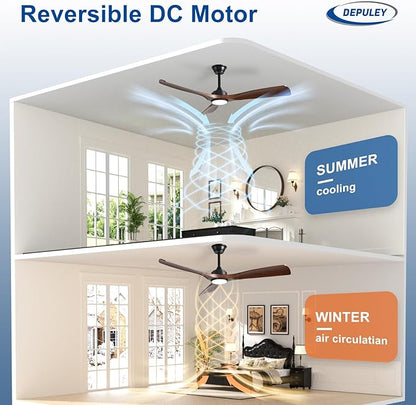Depuley 52-Inch Ceiling Fan with Light: Walnut 3 Blade Outdoor Fans for Patios - Dimmable Indoor Fan with Remote APP Control Ultra Quiet DC Motor Reversible 6 Speed Timer