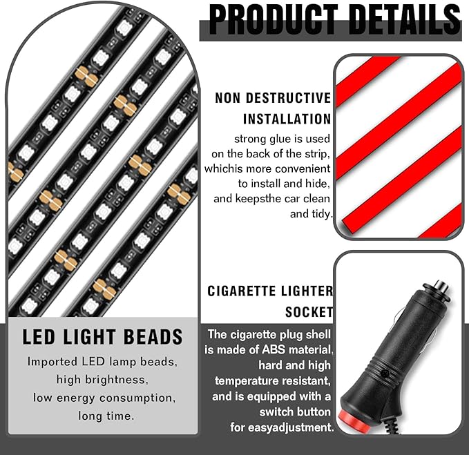 Car LED Strip Light, 24 LED RGB Auto Under Dash Interior Atmosphere Lights, 12V Ambient Night Light, Auto Interior Decorative Lamp, Universal Car Accessories (Red, Cigarette Adapter)