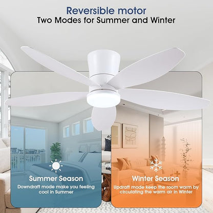 Surtime 48" Ceiling Fans with Lights-Low Profile Ceiling Fan with Light and Remote/APP Control,Flush Mount,DC Reversible,LED Dimmable Modern Ceiling Fans for Bedroom,Indoor/Outdoor Patio Use(White)