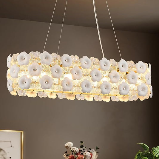 Modern Flower Glass Chandeliers for Dining Room L36” Oval Ceiling Pendant Light Fixture Luxury Gold 8-Light Contemporary Chandelier for Living Room Kitchen Island Bar, E12