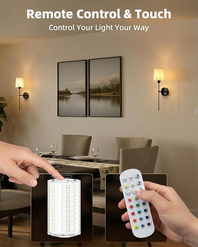 Rechargeable Wall Lights Set of 2, 7500mAh, RGB, Battery Operated Wall Sconces with Remote, Dimmable, Magnetic Bulbs, No-Wiring Installation, Wireless Wall Lamps for Bedroom, Living Room, Hallway