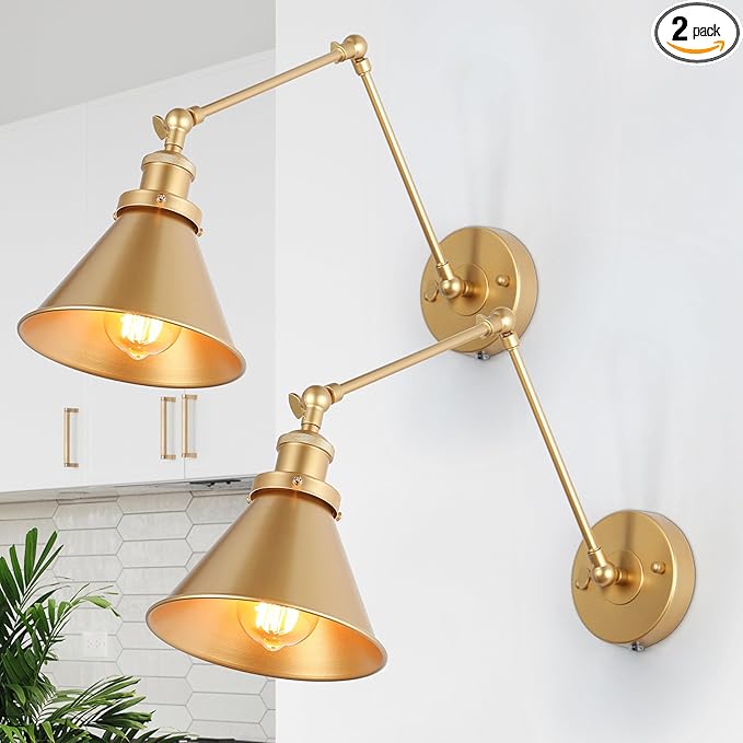 LALUZ Gold Wall Sconces Lighting 2 Pack, Modern Swing Arm Plug-in or Hardwired Adjustable Wall Lamp with Brass Finish for Bedroom, Kitchen, and Living Room