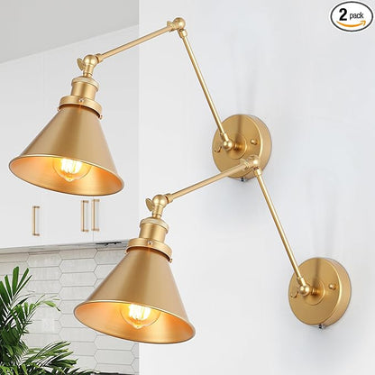 LALUZ Gold Wall Sconces Lighting 2 Pack, Modern Swing Arm Plug-in or Hardwired Adjustable Wall Lamp with Brass Finish for Bedroom, Kitchen, and Living Room