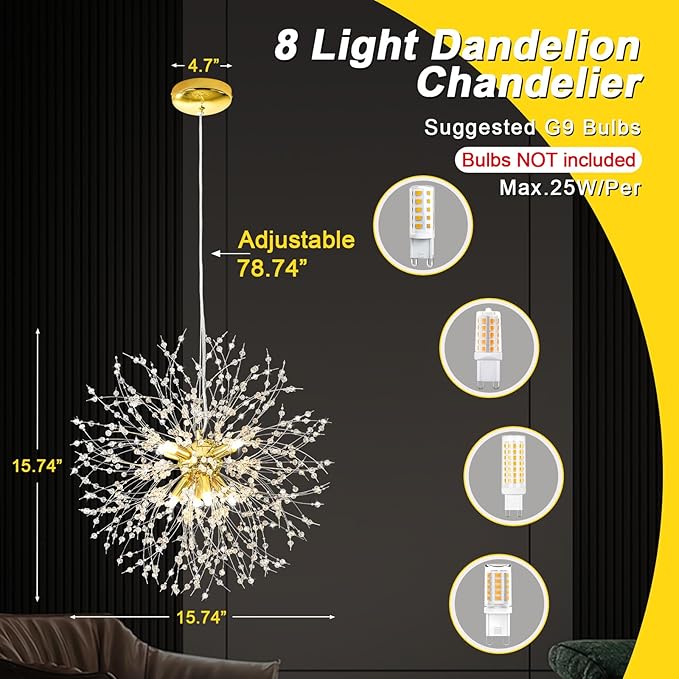 Qamra Modern Gold Crystal Chandeliers, Firework Dandelion Sputnik Chandelier Light Fixture Pendant Lighting for Living Room, Dining Room, Bedroom, Kitchen(8-Light, Gold)