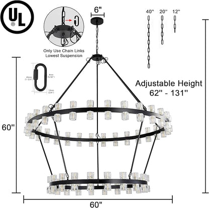 60 Inch Black Wagon Wheel Chandelier with Crystal Shade, 2 Tier 100 Lights, Modern Farmhouse Style, Ideal for Dining Room, Kitchen, Entryways