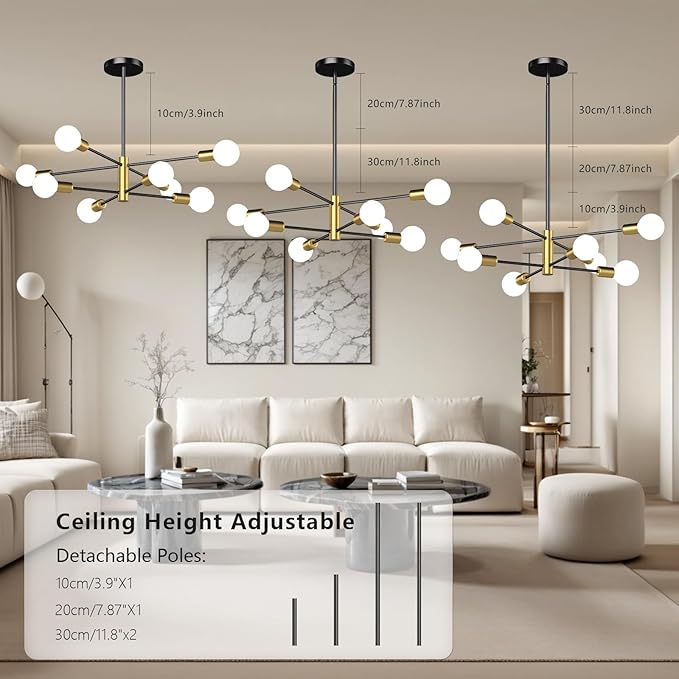 Modern Sputnik Chandelier, Ceiling Light Fixture Flush Mount 8-Light Black and Gold Chandeliers for Living Room Bedroom Dining Room Kitchen, Mid Century Chandeliers, E26 Base,(Bulbs Not Included)