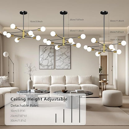 Modern Sputnik Chandelier, Ceiling Light Fixture Flush Mount 8-Light Black and Gold Chandeliers for Living Room Bedroom Dining Room Kitchen, Mid Century Chandeliers, E26 Base,(Bulbs Not Included)