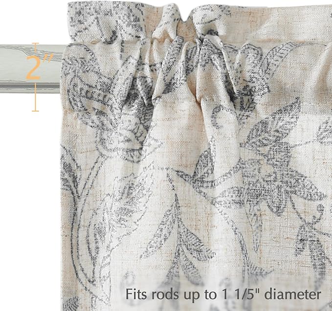 jinchan Floral Kitchen Curtains for Windows 36 Inch Gray Linen Tier Farmhouse Cafe Curtains Country Botanic Small Window Rod Pocket Rustic Flax for Laundry Bathroom RV 2 Panels Grey on Beige