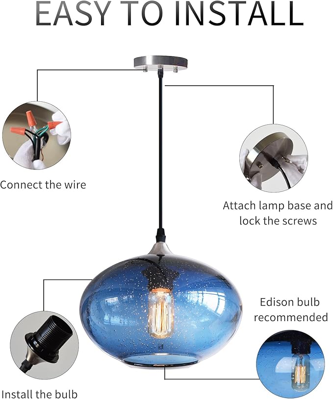 Pendant Lighting for Kitchen Island Blue Glass Modern Hanging Light Fixtures Seeded Bubble Over Sink 9.4 Inch Diam