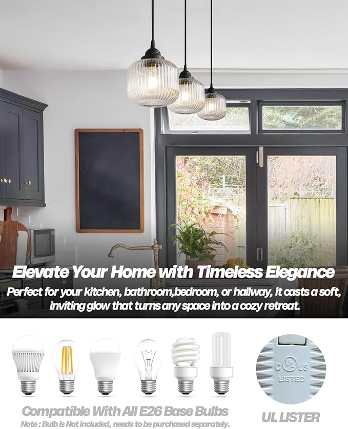 Vintage Ceiling Pendant Light with Clear Ribbed Glass Lampshade, Industrial Globe Hanging Light Fixture for Kitchen Island Hallway Dining Room Stairway