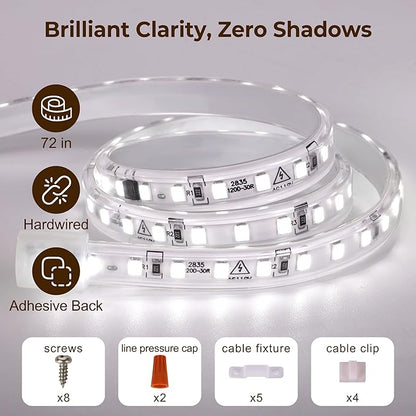 cambk 72inch Hardwired Under Cabinet Lighting for Kitchen,120V Wired Undercounter Led Strip Lights 6000K White Waterproof, Luces para Cocina Bajo Gabinete Under Shelf Lights for Sink/Workbench