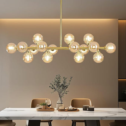 Glass Globe Sputnik Chandelier, 16-Light Mid Century Modern Light Fixture Over Table, Linear Chandeliers for Dining Room, Kitchen Island, Brass Gold and Amber Bubble, 40 Inch, GC-02