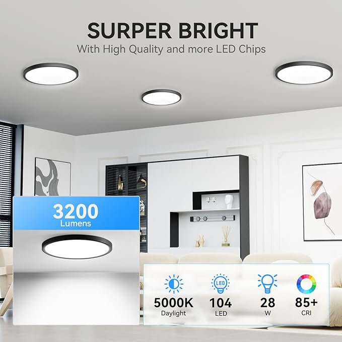 WKONCLDY 3200lm LED Flush Mount Ceiling Light, Super Slim 12 inch LED Ceiling Light, 5000K LED Ceiling Light for Bedroom, Living Room, Dining Room,Garage,Office (Black, 8 Pack)