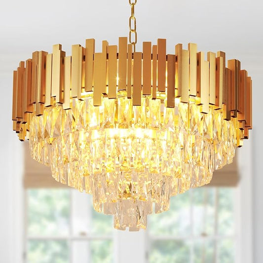 Depuley Modern Gold Crystal Chandelier: 9-Light 4-Tier Flush Mount Chandelier 12 Inch Luxury Round Hanging Pendant Light Fixture for Bedroom Dining Room Living Room Included Bulbs