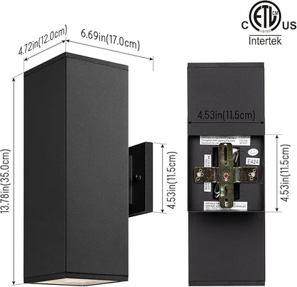 mirrea Modern Outdoor Porch Light Patio Light in 2 Lights with Aluminum Rectangular Tube and Tempered Glass Cover Waterproof Wall Sconce 2 Pack (Matte Black 14")
