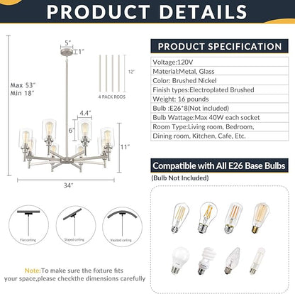 Brushed Nickel Chandeliers for Dining Room | 8 Lights Living Room Light Fixture Over Table | Farmhouse Chandelier with Clear Glass Shade | Hallway Lighting for Kitchen Island | Bedroom | Restaurant