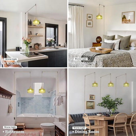 Shenmoyl Plug in Pendant Light Hanging Light Fixtures with Plugin Cord On/Off Switch,Green Striped Glass Lampshade Brass Pendant Light