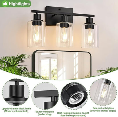 Indoi 3 Light Bathroom Light Fixtures, Matte Black Modern Vanity Lights with Clear Glass Shade, Bathroom Wall Lamp for Mirror Kitchen Living Room Hallway Cabinet Porch