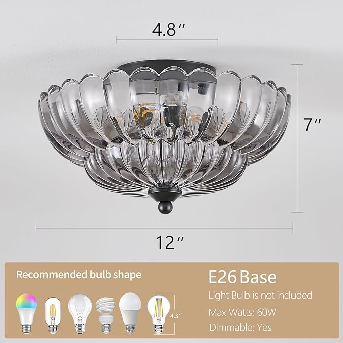 Modern Black Ceiling Light Fixture, 12" Grey Glass Flush Mount Chandeliers, Semi Flush Mount Ceiling Light Fixture Suitable for Living Room Hallway Kitchen Bedroom