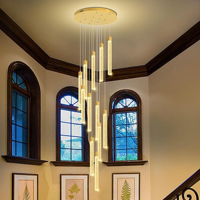 118'' Modern Glam Crystal Column Chandelier for High Ceiling LED Dimmable Pendant Light Staircase Foyer Enterway Living Room Ceiling Chandelier Lighting Gold 12 Lights