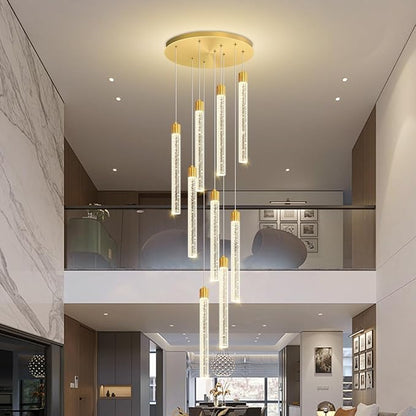 Modern 9-Lights Gold Crystal Column Chandeliers for Entrance Dimmable LED Pendant Lighting Hanging Lights for Dining Room Bedroom Foyer Staircase Living Room