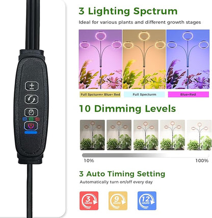 Grow Lights for Indoor Plants with Timer, Three-Heads 63 Inch Vertical Grow Light Full Spectrum 216 LEDs 48W 3/6/12H Auto On/Off 3 Light Modes 10-Level Dimmable Gooseneck Standing Plant Lamp