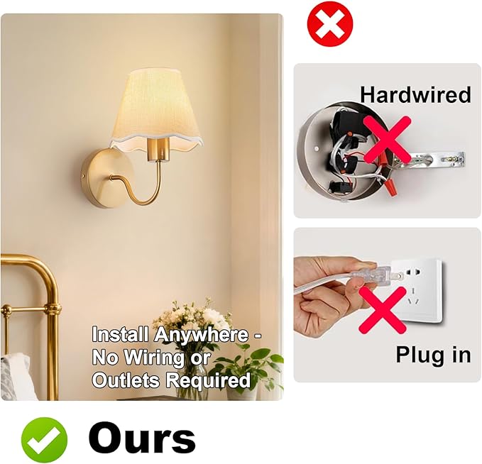 ADISUN Battery Operated Wall Sconce Set of 2, Gold Wall Lamps Rechargeable Bulbs for Living Room, Cream Rattan Shade, Wireless Wall Lights for Bedroom Living Room Hallway Kitchen(2 Bulbs Included)