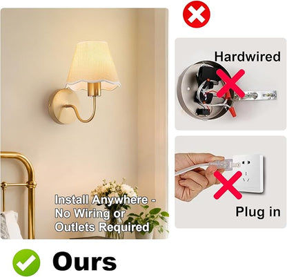 ADISUN Battery Operated Wall Sconce Set of 2, Gold Wall Lamps Rechargeable Bulbs for Living Room, Cream Rattan Shade, Wireless Wall Lights for Bedroom Living Room Hallway Kitchen(2 Bulbs Included)