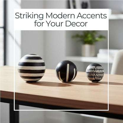 Patterned Ceramic Orbs for Home Decor Styling - Geometric Sculpture for Bathroom, Office, and Living Room Centerpiece - Ornaments Accent for Coffee Table Display - Set of 3, 6", 5", 4", Black & White