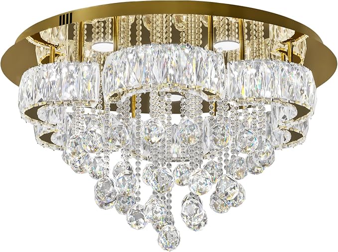 Flashing God W24inches Modern Gold Chandeliers Flush Mount Ceiling Chandeliers for High Ceiling Small Hanging Chandelier Light Fixture Bedroom Dining Room Living Room LED Dimming 2700k 4500k 6000k