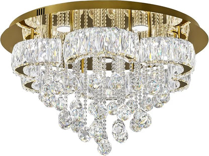 Flashing God W24inches Modern Gold Chandeliers Flush Mount Ceiling Chandeliers for High Ceiling Small Hanging Chandelier Light Fixture Bedroom Dining Room Living Room LED Dimming 2700k 4500k 6000k