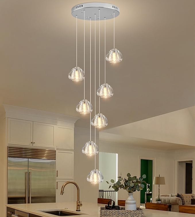Modern Crystal Foyer Chandelier 7-Lights Raindrop Pendant Light Fixture, Bubble LED Flush Mount Staircase Living Room Light Fixture Chrome