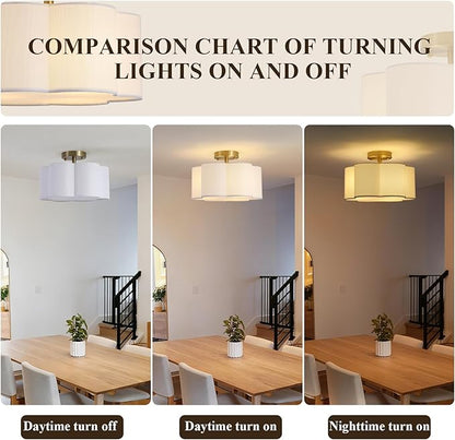 Semi Flush Mount Ceiling Light, 13" Ceiling Light Fixture with Flower-Shaped Fabric Shade, 3-Light Modern Ceiling Lighting Fixture for Bedroom Living Room Nursery Hallway, White Shade