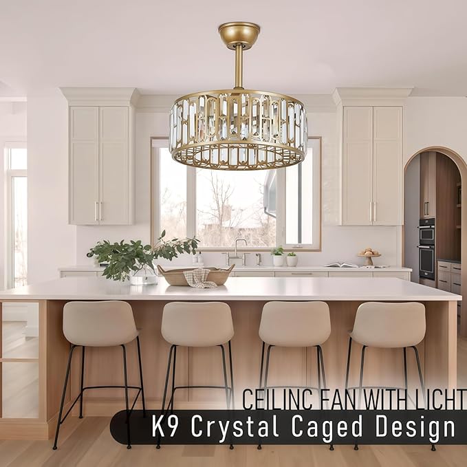 18.2" Gold Caged Ceiling Fans with Lights Remote Crystal Fandelier 4-Lights Flush Mount Fan Light Modern Enclosed Chandelier Fan with 6 Speeds for Bedroom Living Room Kitchen Dining Room Hallway