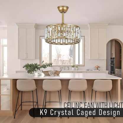 18.2" Gold Caged Ceiling Fans with Lights Remote Crystal Fandelier 4-Lights Flush Mount Fan Light Modern Enclosed Chandelier Fan with 6 Speeds for Bedroom Living Room Kitchen Dining Room Hallway