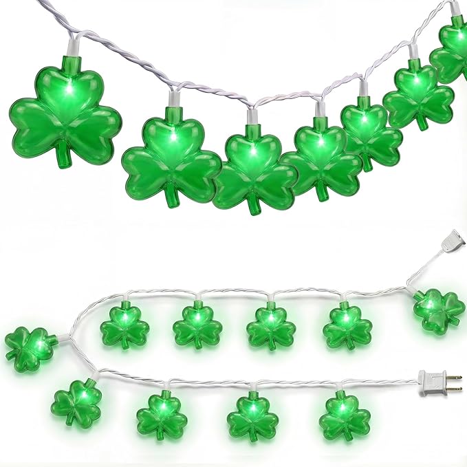 SUNSGNE Shamrock String Lights St. Patrick's Day Lights, 8.5Ft Outdoor Patio String Light with 10 LED Green Shamrock, Plug in Fairy Lucky Clover String Lights for Home Garden Irish Party Decoration