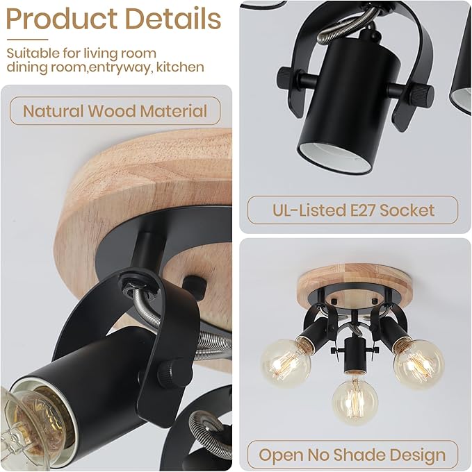 3-Light Round Flush Mount Ceiling Light，Rustic Ceiling Track Lighting with Wooden Base, Adjustable Multi-Directional Kitchen Light fixtures for Dining Room Hallway Entryway Bedroom.