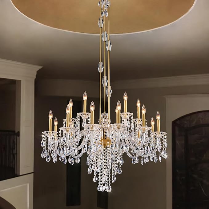 18-Light Crystal Candle Chandelier, Brass Gold Chandelier for Foyer, Staircase & High Ceiling Living Room, Adjustable Height, E12 Base