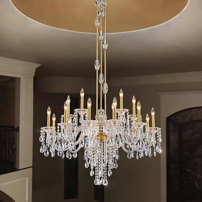 18-Light Crystal Candle Chandelier, Brass Gold Chandelier for Foyer, Staircase & High Ceiling Living Room, Adjustable Height, E12 Base
